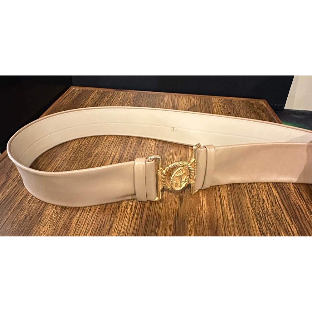 Vintage Nautical Anchor Buckle Wide Waist Belt Beige Gold Tone Size 10
